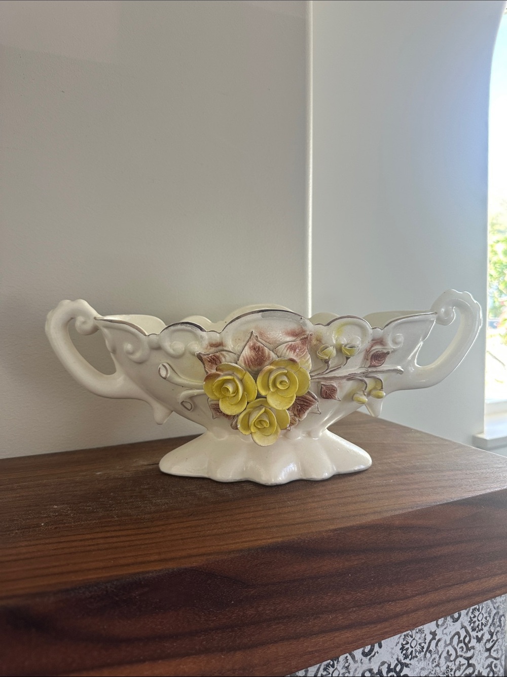 Vintage Capodimonte Style Hand Applied Yellow Rose Centerpiece Vase-Bowl